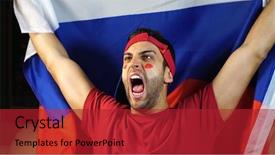  Presentation with russia flag - Amazing presentation theme having russian guy waving russia flag backdrop and a crimson colored foreground