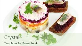  Presentation with white plate - Presentation design enhanced with russian herring salad and sandwiches on plate isolated on white background and a soft green colored foreground