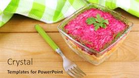  Presentation with russian - Colorful presentation theme enhanced with russian herring salad in glass bowl on wooden table background backdrop and a yellow colored foreground