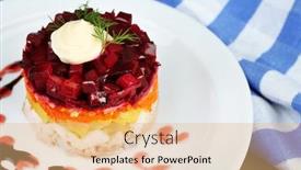  Presentation with russian - Presentation design having russian herring salad on plate on wooden table background background and a coral colored foreground