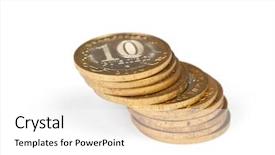  Presentation with metallic - Audience pleasing theme consisting of russian metallic roubles coins stack backdrop and a white colored foreground