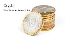  Presentation with wine case stack - PPT layouts featuring russian metallic roubles coins stack background and a white colored foreground