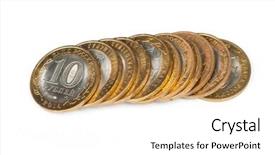  Presentation with metallic - Colorful PPT theme enhanced with russian metallic roubles coins stack backdrop and a white colored foreground