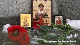  Presentation with orthodox - Beautiful slide deck featuring russian orthodox icons of saint olga and saint nicholas and poppy flowers at a cemetery backdrop and a tawny brown colored foreground