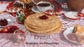  Presentation with pancake - Slide set with russian-pancake-blini-with-berries background and a coral colored foreground