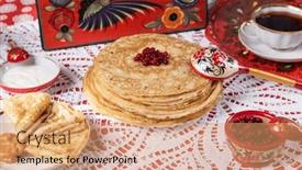  Presentation with pancake - Presentation design enhanced with russian-pancake-blini-with-berries background and a coral colored foreground