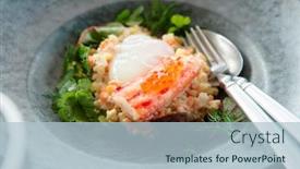  Presentation with crab - Presentation design featuring russian salad with crab leg and poached egg in stoneware plate background and a light blue colored foreground