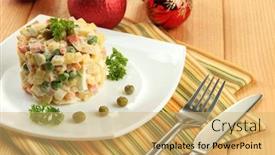  Presentation with russian - Audience pleasing presentation design consisting of russian traditional salad olivier on color napkin on wooden background backdrop and a yellow colored foreground