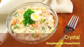  Presentation with russian - Slides featuring russian traditional salad olivier on wooden background background and a tawny brown colored foreground