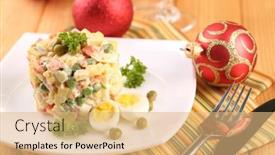  Presentation with russian - PPT theme consisting of russian traditional salad olivier on color napkin on wooden background background and a coral colored foreground