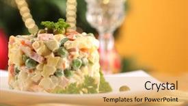  Presentation with table napkin - Slide deck enhanced with russian traditional salad olivier on color napkin on wooden table on bright background background and a yellow colored foreground