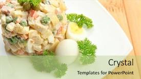  Presentation with russian - Presentation theme with russian traditional salad olivier on wooden background background and a mint green colored foreground