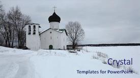  Presentation with church flyers - Slide set enhanced with russian winter church of saint background and a sky blue colored foreground