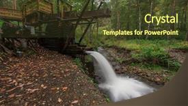  Presentation with mountain water - Presentation having rustic watermill with wheel being background and a tawny brown colored foreground