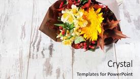  Presentation with flowers - Presentation theme having rustic wedding sunflowers - bouquet flowers on wooden floor background and a light gray colored foreground