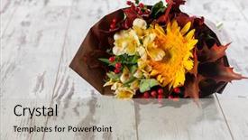  Presentation with wooden - Theme consisting of rustic wedding sunflowers - bouquet flowers on wooden floor background and a light gray colored foreground
