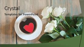  Presentation with coffee cup - Cool new PPT theme with white spray roses with coffee backdrop and a mint green colored foreground