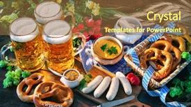  Presentation with sausages - PPT layouts enhanced with rustic wooden table oktoberfest background and a tawny brown colored foreground