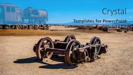  Presentation with scrap yard - PPT theme with rusty-abandoned-broken-locomotive-shaft background and a teal colored foreground