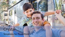  Presentation with father and son - Colorful slides enhanced with rv - happy young caucasian father backdrop and a teal colored foreground