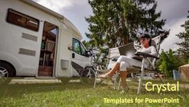  Presentation with information communication technology - Audience pleasing slides consisting of rv - woman looking at the laptop backdrop and a tawny brown colored foreground