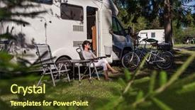  Presentation with caravan - PPT theme featuring rv - woman resting near motorhomes background and a tawny brown colored foreground