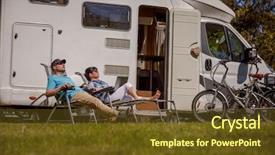  Presentation with caravan - PPT theme with rv - woman with a man resting background and a tawny brown colored foreground