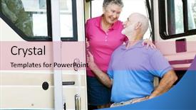  Presentation with senior couple - Presentation design enhanced with rv travel - attractive senior couple traveling background and a coral colored foreground
