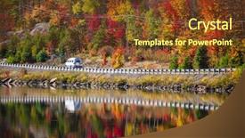  Presentation with fall lake - Presentation theme enhanced with rv travel - camper driving though fall forest background and a tawny brown colored foreground