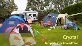  Presentation with campervan - PPT theme enhanced with rv travel - campsite with pitched tents background and a tawny brown colored foreground