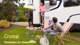  Presentation with camping - Slides enhanced with rv travel - couple in van enjoying barbeque background and a tawny brown colored foreground