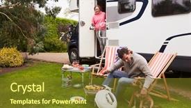  Presentation with camping - Amazing theme having rv travel - couple in van enjoying barbeque backdrop and a tawny brown colored foreground