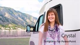  Presentation with happy camper - Colorful theme enhanced with rv travel - happy young woman standing backdrop and a light blue colored foreground
