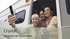  Presentation with caravan - Theme enhanced with rv travel - ladies in caravan using camera background and a light gray colored foreground