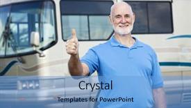  Presentation with luxury travel - Slide set consisting of rv travel - senior man in front background and a  colored foreground