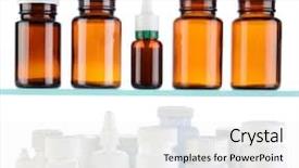  Presentation with bottles - Audience pleasing theme consisting of variety of medicine bottles on glass shelves bottles have no labels over a white background backdrop and a white colored foreground
