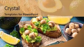  Presentation with bread - Slide deck with rye bread guacamole and champignon background and a gold colored foreground
