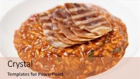  Presentation with porcelain - Slide deck consisting of rye risotto with grilled meat slices in deep porcelain plate background and a coral colored foreground