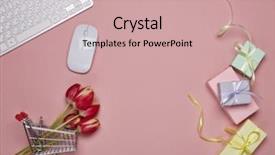  Presentation with shopping trolley - PPT theme featuring s - shopping trolley gift boxes tulips background and a soft green colored foreground