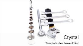  Presentation with set of construction tools tool - Colorful presentation design enhanced with s adjustable wrench and spanner backdrop and a white colored foreground