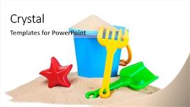  Presentation with sand play - Audience pleasing PPT layouts consisting of s beach toys and sand backdrop and a white colored foreground
