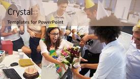  Presentation with birthday party - Audience pleasing slide deck consisting of s birthday in the office backdrop and a coral colored foreground