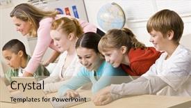  Presentation with students working in groups - PPT theme enhanced with s computer classroom - students working on laptops background and a soft green colored foreground