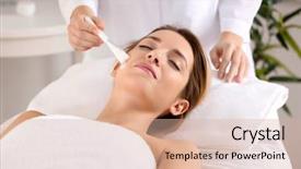  Presentation with beautician - Presentation design enhanced with s curity - beautician applying cream on young background and a coral colored foreground