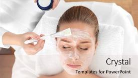  Presentation with spa salon - Presentation featuring s curity - beautician applying mask onto young background and a  colored foreground