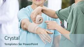  Presentation with nurse - Amazing PPT theme having s hand at rehab center backdrop and a sky blue colored foreground