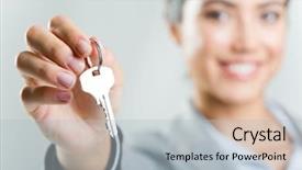  Presentation with mobile phone in woman hand - PPT theme having s hand holding new key background and a light gray colored foreground