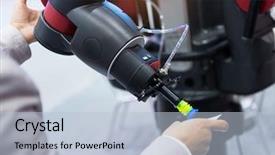  Presentation with robot arm - Audience pleasing presentation theme consisting of s hand holds the robot backdrop and a light blue colored foreground