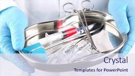  Presentation with medical instruments - Audience pleasing slides consisting of s hands holding medical instruments backdrop and a sky blue colored foreground