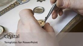  Presentation with mechanical watch - Beautiful PPT layouts featuring s hands working on watch backdrop and a light gray colored foreground